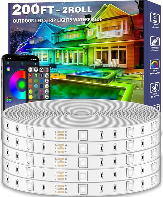 200ft Outdoor LED Strip Lights Waterproof,IP68 Outside Led Light Strips Waterproof with App and Remote,Music Sync RGB Exterior Led Rope Lights with Self Adhesive Back for Roof,Deck