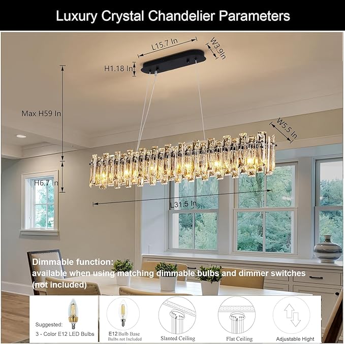 Modern Luxury Rectangular K9 Crystal Chandelier for Dining Room Living Room Kitchen Island Entryway Foyer L31.5 Easy Install Adjustable Hight 5-Light Ceiling Hanging Light Fixture Black