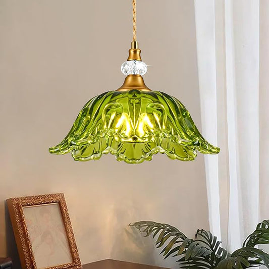 1 Piece Vintage Chandelier Light Fixtures with Green Glass Shade, Matte Antique Brass Finish Pendant Light Kitchen Island, Adjustable Hanging Light for Dining Room, Hallway, Living Room, Bedroom