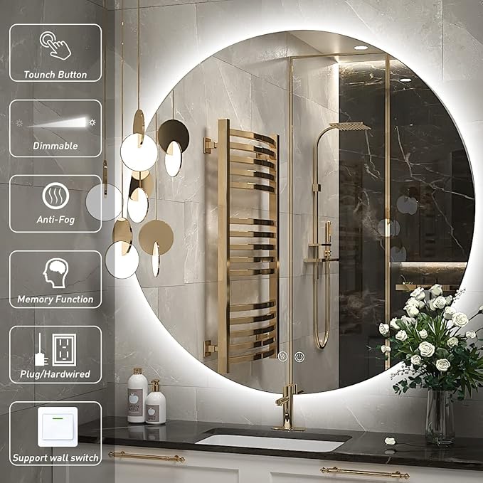 28 Inch Round LED Bathroom Mirror - 6000K Daylight Backlit, Anti-Fog & Dimmable, Frameless Waterproof Mirror with Touch Control, CRI90+, IP54 for Vanity & Makeup