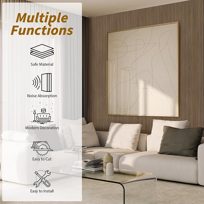 4-Piece Acoustic Wood Wall Panels for Wall and Ceiling, 3D Fluted Soundproof Wood Slat Wall Panels for Interior Wall Decor, 94.5" x 7.9"-Walnut