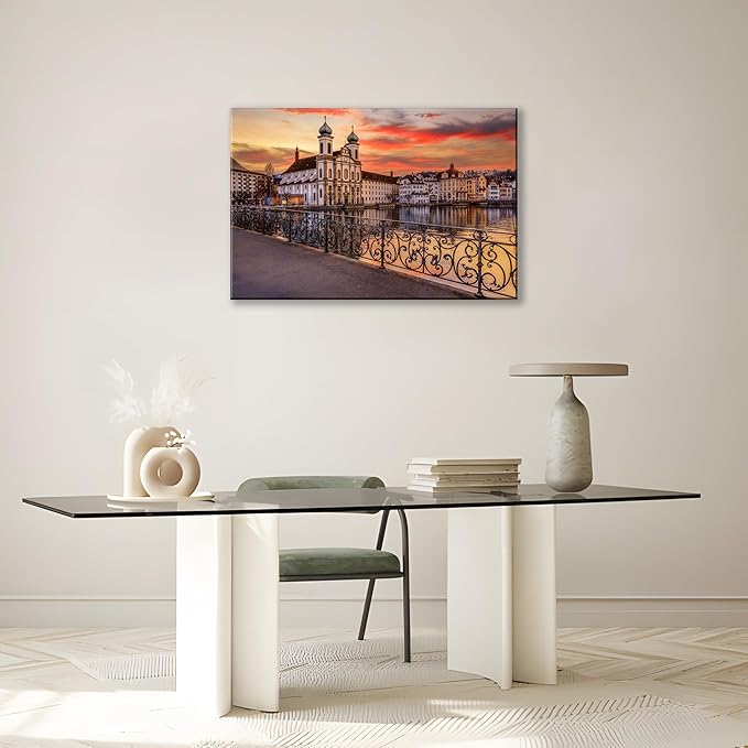 Mordern 1Pcs European Cityscape Canvas Wall Art Scenic Sunset Over River Cathedral with Domes Ready to Hang Architecture Romantic Travel Destination Decorative Framed Artwork for Living Rooms Bedrooms