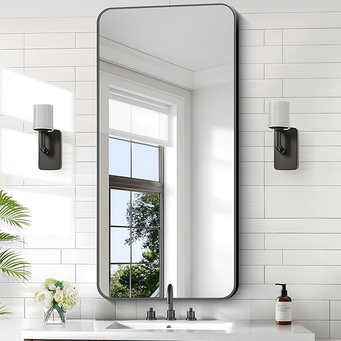 KOCUUY Black Bathroom Vanity Mirror, 24 x 48 inch Metal Frame Mirror with Rounded Corner, Rectangle Design of Upgraded Shatterproof Glass for Bathroom, Bedroom, Living Room, Entryway