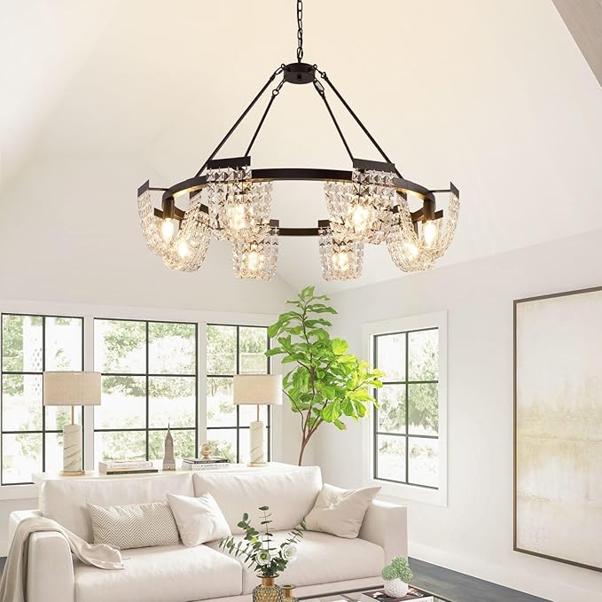 36" Black Chandelier, 6-Light Crystal Chandeliers for Dining Room, Dining Room Light Fixtures Over Table, Farmhouse Kitchen Island Lighting, Modern Pendant Lights for Living Room, Bedroom, Entryway