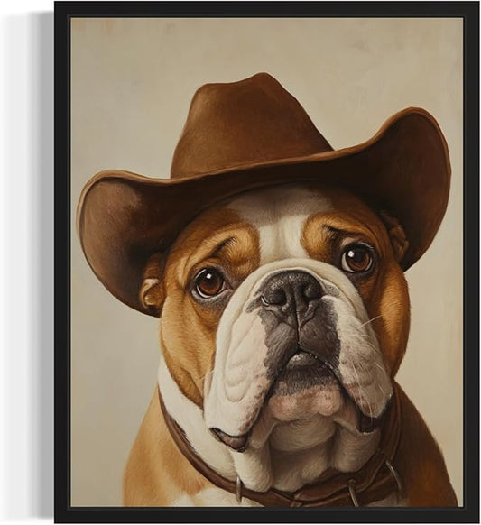 Bulldog Cowboy Art Print Poster Wall Art, Western Country Farmhouse Wild West for Bedroom, Bathroom, Living Room Art Decor 58 (Bulldog, 11 x 14 inches, Black Frame)