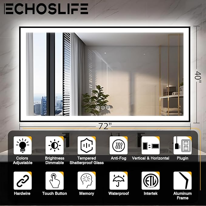 72x40 Large LED Bathroom Mirror with Lights -Black Aluminum Rimmed (Front and Backlit),Fogless Mirror with Lights,Stepless Dimmable Lighted Mirror,3 Colors Smart Mirror(Horizontal/Vertical)