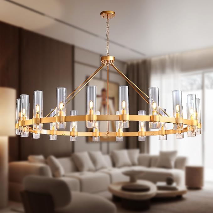 48" Gold Wagon Wheel Chandelier, 16-Light Farmhouse Round Pendant Light Fixture with Glass Shade, Large Hanging High Ceilings Chandeliers for Dining Room Kitchen Foyer Entryway Living Room