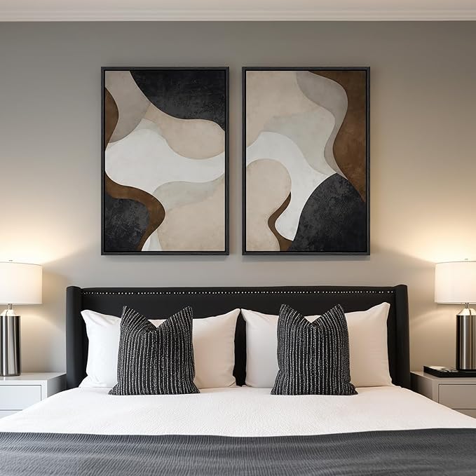 Large Framed Neutral Abstract Minimalist Wall Art Set of 2, Modern Canvas Prints Paintings Artwork for Walls, Black Beige Brown Abstract Art Pictures for Living Room Dining Bedroom Wall Decor 24x36 In