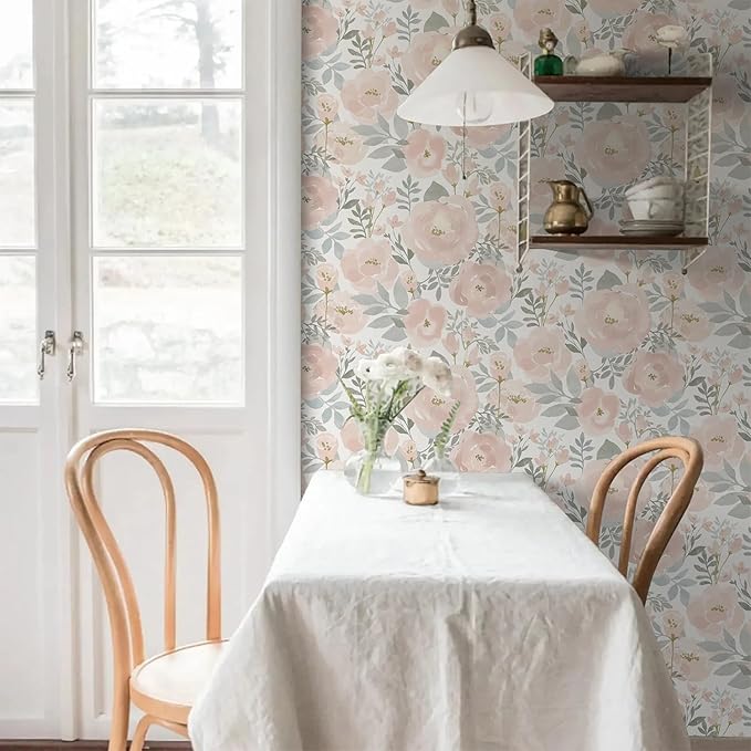 Orainege Peel and Stick Wallpaper Floral Wallpaper 17.3in x393.7in Floral Contact Paper Peony Self Adhesive Removable Wall Paper for Cabinets Walls Shelf Liner, Light Pink