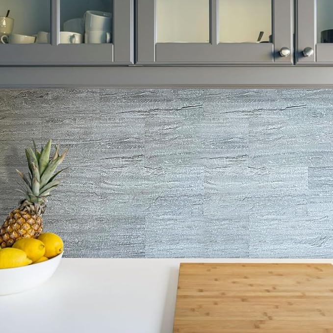 AULIGET 2-Piece Grey Shale Peel and Stick Backsplash Wall Tiles, 6" x 12" PVC Faux Stone Stick on Tiles for Backsplash Kitchen, Bathroom, Laundry Room, Camper, Fireplace