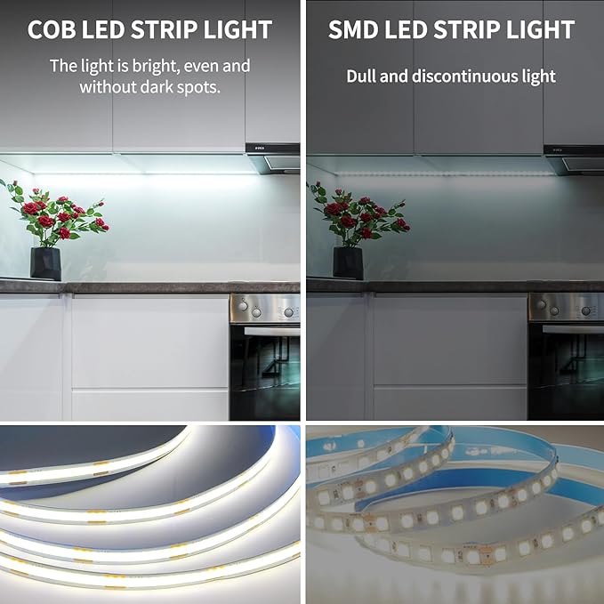 32.8ft COB LED Strip Lights DC 24V Dimmable 6000K White Flexible LED Tape Light for Bedroom, with Remote and app Control LED Tape Lights CRI90+,for DIY Home Decoration（White