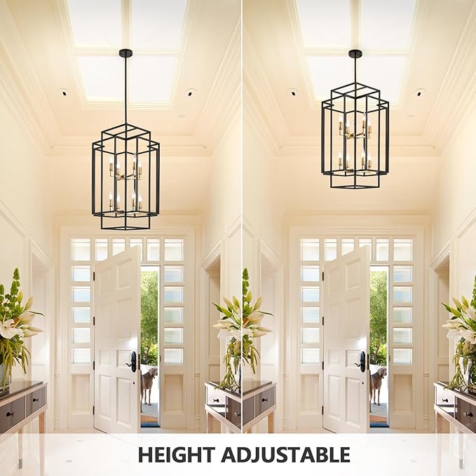 8-Light Black and Gold Chandeliers for Entryway, 31.5" Rectangular Farmhouse Foyer Lighting Fixtures for High Ceilings, Large Pendant Light for Staircase Entry Dinning Room Kitchen Island