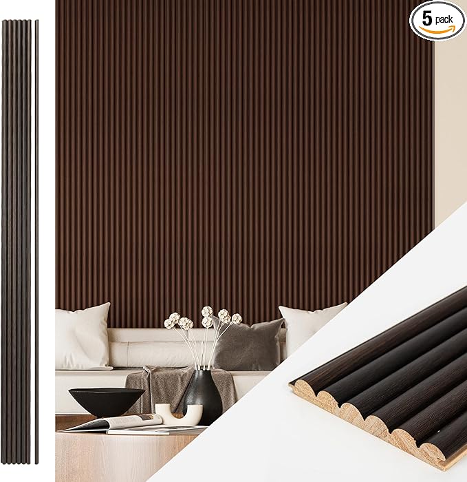 Art3d Fluted Wood Panel for Wall and Ceiling, Beaded Accent molding for Home Decoration, Pack of 4pcs + 1pc End-Trim, Size 108 x 5.7in.- Beaded Smoked Oak