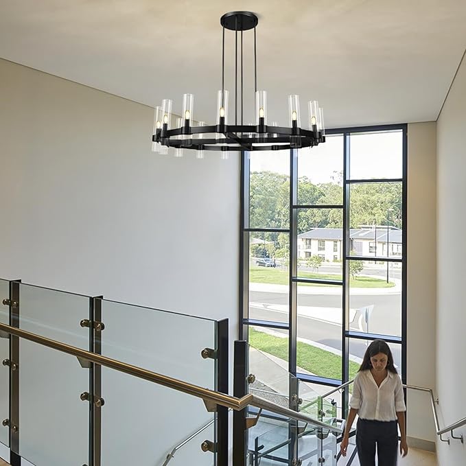 Modern 48" Black Wagon Wheel Chandelier, Black Farmhouse Chandeliers for Dining Room,16-Light Round Living Room Chandelier with Glass Tube for Bedroom,Staircase, Foyer, Entryway, Includes Bulbs