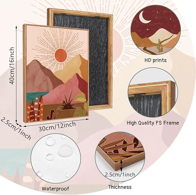 LHIUEM Modern Boho Framed Canvas Wall Art Set of 3(12”X16”) Moon and Sun Modern Desert Art Painting Nature Southwest Landscapes Artwork Rustic Mountain Wall Decor Framed Desert Art for Home Office