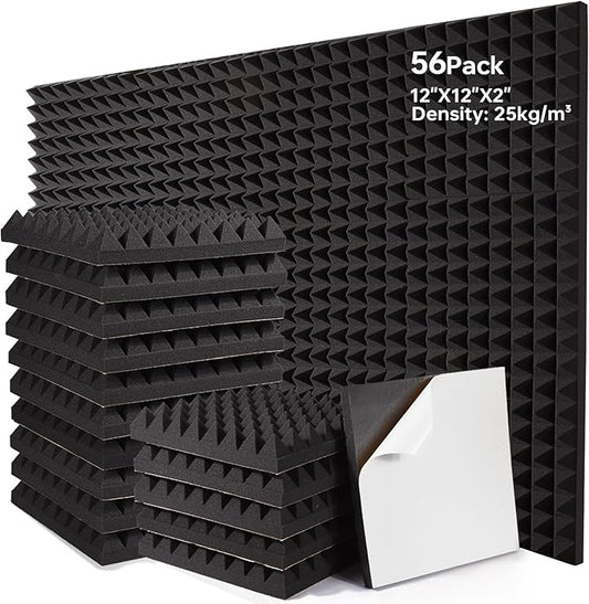 56 Pack Soundproof Wall Panels, 2" X 12" X 12" Self-Adhesive Pyramid Acoustic Foam, High Density Acoustic Panels for Home Studio, Quick-Recovery Sound Proof Panels for Walls, Black