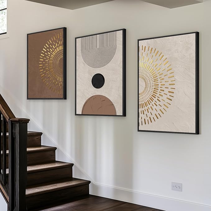 Large Framed Boho Neutral Abstract Wall Art, 3 Piece Modern Canvas Prints Paintings Artwork for Walls, Minimalist Brown Beige Gold Geometric Pictures for Living Room Hallway Bedroom Wall Decor 20x30 In