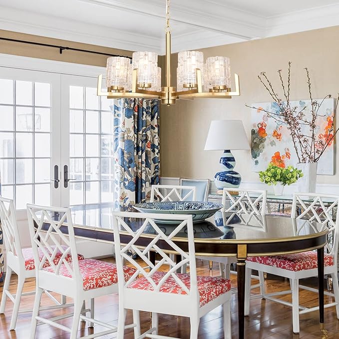 ALICE HOUSE 25.6" Dining Room Chandeliers, 8 Light Brushed Brass Contemporary Light Fixture for Kitchen, Bedroom and Living Room, ETL Listed, AL2218-H8