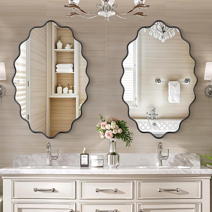 Oval Wavy Mirror - Irregular Wall Mirror 24"x36" Black Asymmetrical Aviation Aluminum Alloy Frame for Bathroom, Bedroom, Living Room, Cloakroom, Entryway