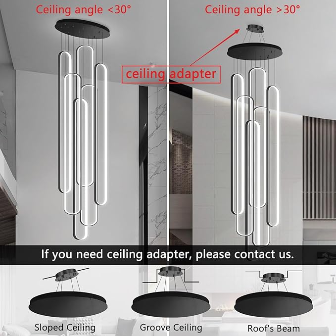 6 Rings Modern Large Chandelier for Staircase High Ceiling Chandelier LED Dimmable Black Chandeliers for Foyer Living Room Villa Black