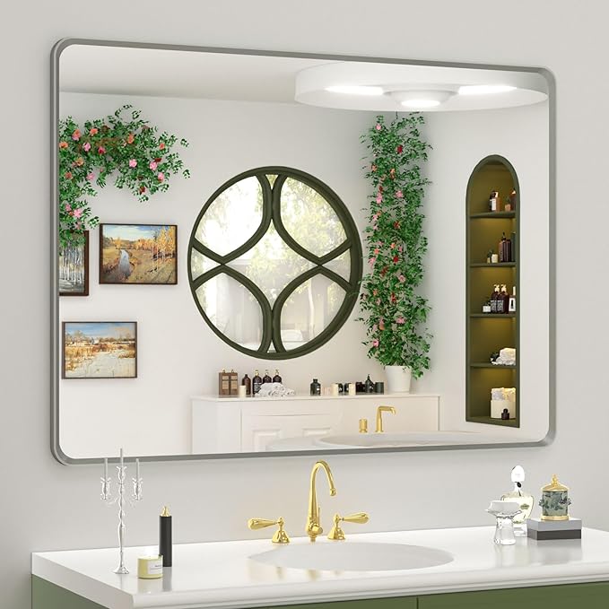 OKPAL 44 x 32 Brushed Nickel Bathroom Vanity Mirror, Large Rounded Rectangle Bathroom Mirrors for Over Sink, Metal Framed Silver Mirror for Wall, Shatterproof HD Tempered Glass(Horizontal/Vertical)