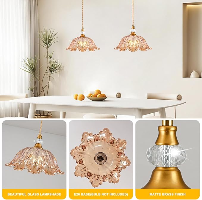 1 Piece Vintage Chandelier Light Fixtures with Amber Glass Shade,Matte Brass Finish Pendant Light for Kitchen,Hanging Light Fixture for Dining Room, Hallway, Living Room, Bedroom