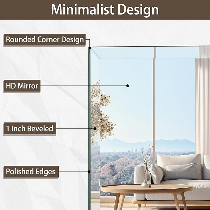 24x36 inch Rectangle Frameless Wall Mirror, 1" Polished Beveled Edge for Bathroom, Living Room, Bedroom