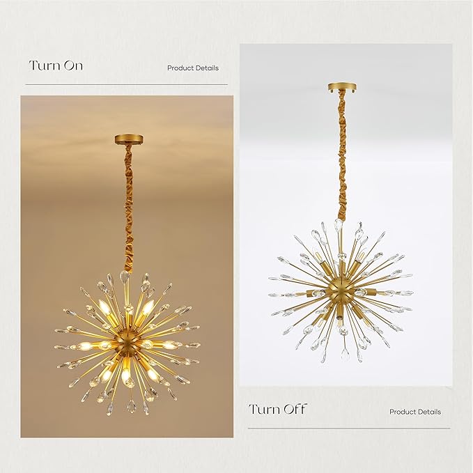 12-Light Gold Sputnik Chandeliers, 24" Starburst Firework Pendant Light fixtures, Mid-Century Modern Satellite Ceiling Lights for Dining Room, Kitchen, Bedroom, Living Room, E12