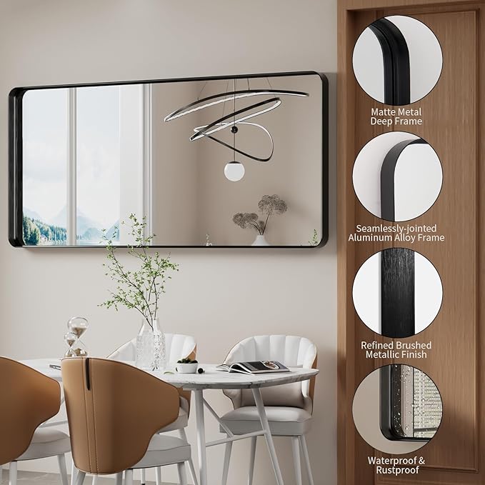 Koonmi Black Bathroom Mirror for Wall, 30x71 Inch Matte Metal Deep Framed Rounded Corner Wall Mirror, Shatterproof Tempered Glass for Farmhouse Bedroom Entryway, Vertically or Horizontally