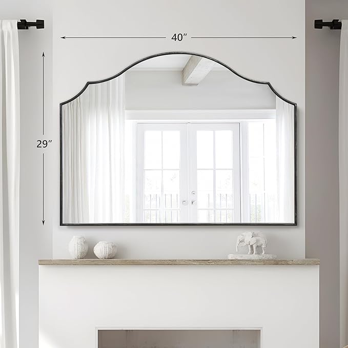 Black Scalloped Wall Mirror: 40"x29" Large Modern Minimalist Vanity Arched Mirror for Home Decor/Living Room/Bedroom/Fireplace/Mantle/Entryway