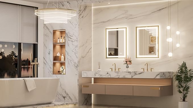 Keonjinn Gold LED Bathroom Mirror 24 x 30 Inch, Frontlit & Backlit Bathroom Mirror with Lights, Brushed Beveled Framed, Tempered Glass, UL Listed LED Driver, 3 Color Temperature, Anti-Fog, Dimmable