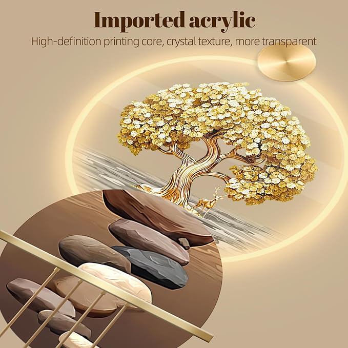 3D Art Wall Decor with Light, Art 3D Decor Wall Sculptures LED Modern Home Decors Picture Walls Light Chinese, Plug-in Power Supply, Gold T, 23x53IN