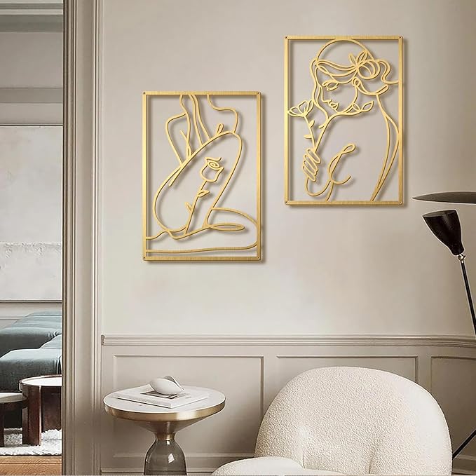 Bakovity Gold Metal Wall Art, Abstract Flower Line Sculpture, Gold Minimalist Modern Wall Decor for Living Room, Bedroom, Bathroom (4 Pieces, 17 x 12 Inches)