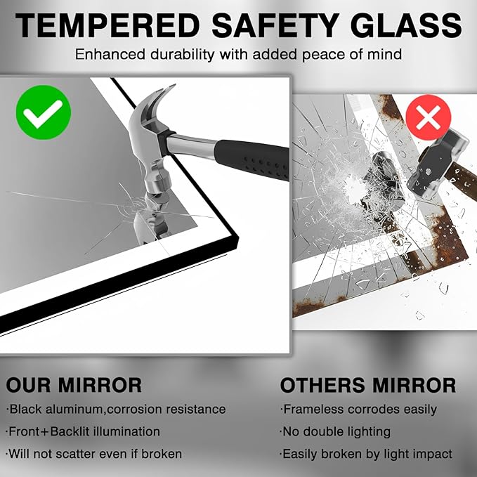 73x40 Lighted Mirrors for Bathroom Wall, Modern Rectangle Matte Black Mirror, Tempered Glass，Double Lights, 3 Colors Dimmable Temperature, IP54 Enhanced Anti-Fog, Memory (Horizontal/Vertical)