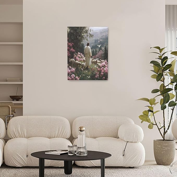 Jesus Wall Art Christian Jesus Lamb Wall Decor Religious God Canvas Painting Pictures Print Christ Decorations for Living Room Bedroom Church Framed Gifts 12”X16”