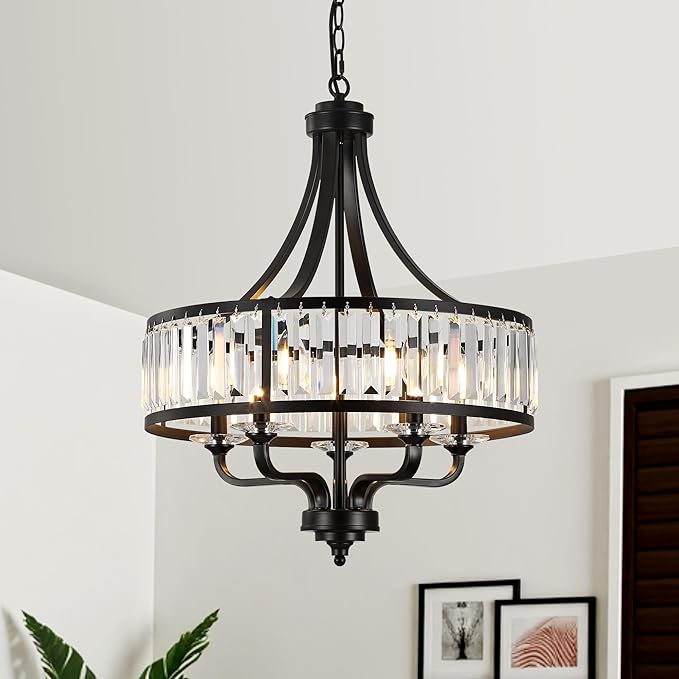 Modern Black Crystal Chandelier,5-Light Farmhouse Dining Room Light Fixture Over Table Adjustable Height Hanging Industrial Pendant Lights Kitchen Island,Living Room Kitchen Island Entryway