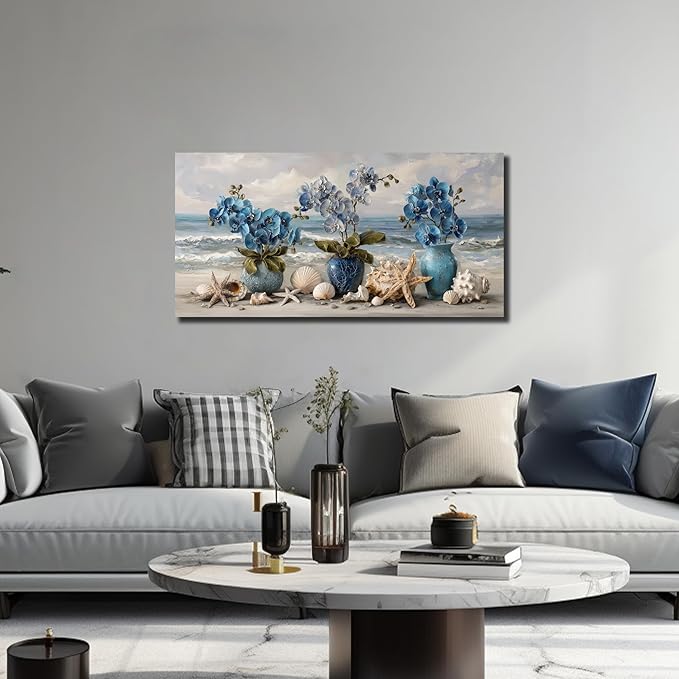 Blue Wall Art Beach Ocean Wall Decor Flower Canvas Art Coastal Seascape Pictures Floral Vase Poster Starfish Conch Shell Print Art for Bedroom Bathroom Living Room Office 20"x 40"
