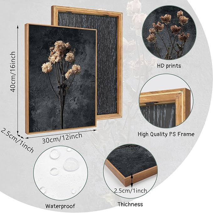 LHIUEM Dark Moody Wildflowers Framed Canvas Wall Art Set of 3(12”X16”) Minimalist Wildflower Wall Decor Vintage Black Flower Botanical Painting Aesthetic Floral Artwork for Living Room Bedroom Office