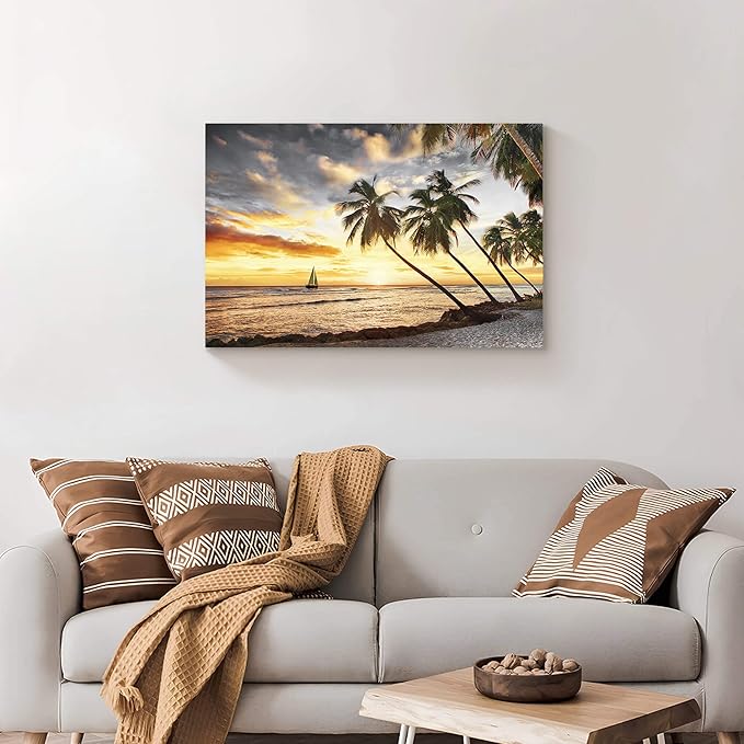 Beach Canvas Wall Art Decor: Bathroom Bedroom Ocean Coastal Scene Print Tropical Seascape Picture Sea Palm Tree Sailboat Artwork Seaside Seashore Landscape Painting for Home Office 36 x 24 Inch