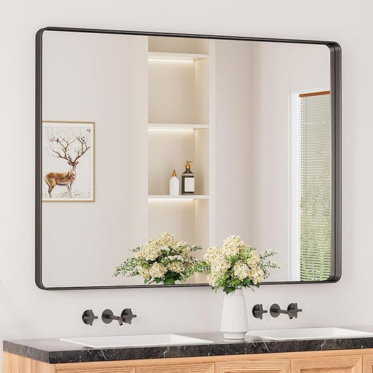 Keonjinn Black Bathroom Mirror for Over Sink, 48” x 36” Large Matte Black Mirrors for Wall, Rounded Rectangle Farmhouse Vanity Mirror, HD Tempered Glass Modern Decorative Mirror(Horizontal/Vertical)