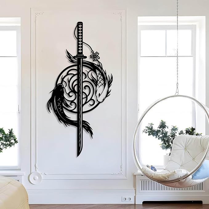 Metal Koi Fish Katana Wall Decor, Koi Fish Metal Wall Decor, Japanese Katana Wall Art, Fishes Decoration, Feng Shui Wall Art, Sword Wall Hanging, Living Room Wall Hanging (White, 24"x12"/60x29cm)