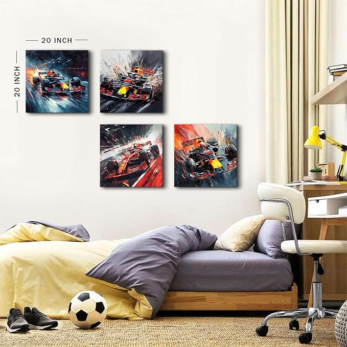 Abstract Supercar Wall Art for Man Cave Colorful Formular Car Pictures Cool Boys Bedroom Posters Black and White Cyberpunk Vehicle Canvas Prints Sport Artwork Playroom Office Home Decoration 20x20" 4P