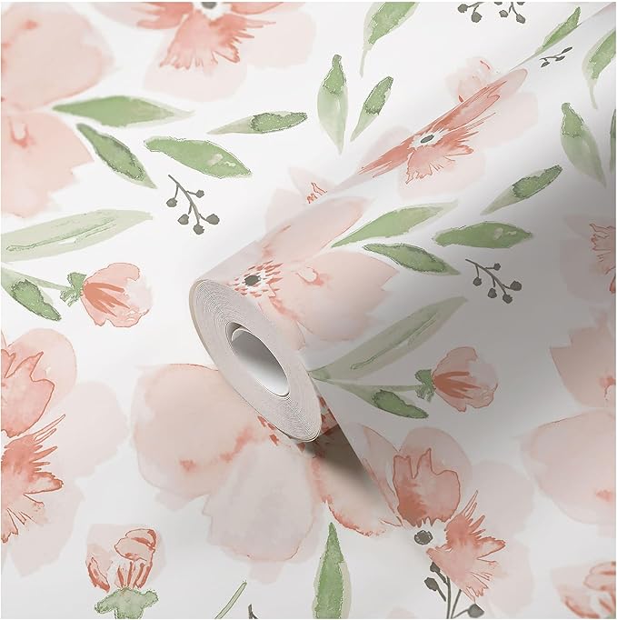 Crane Baby Floral Wallpaper for Nursery, Removable Wallpaper for Boys and Girls, Pink Floral, 20.87”w x 270" h