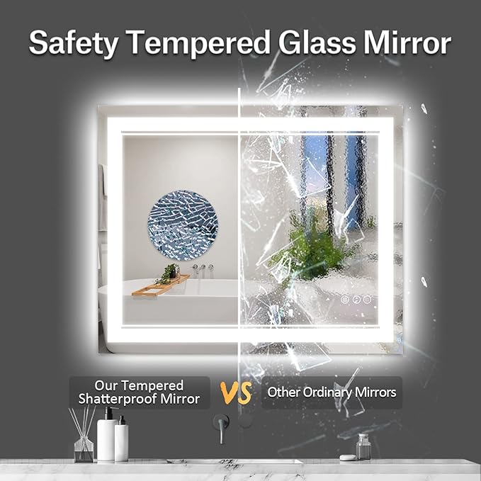 40 x 32 Inch LED Bathroom Mirror, Front Light and Backlit Anti-Fog Dimmable Memory Lighted Vanity Mirror, Shatterproof Wall-Mounted Led Mirror for Bathroom