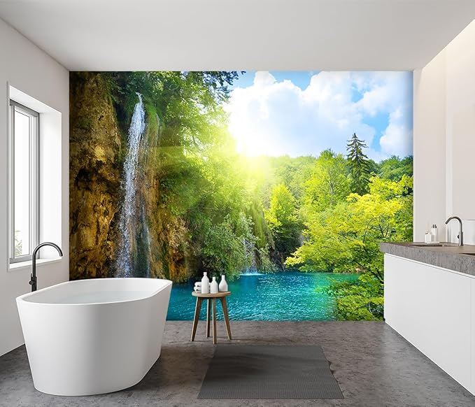 -Green Lake Waterfall Scenery Fabric Wallpaper Living Room Woodland Forest Mountain Bedroom Bathroom Large Wall Mural- 160"x108"（ not Peel and Stick）