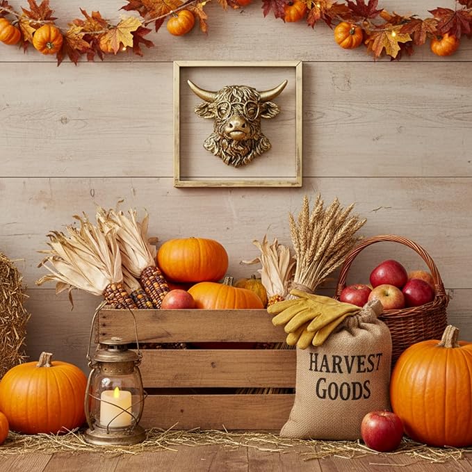 Animal Heads Wall Decor (Includes Metal Frame) Resin Animals Sculptures Head Wall Hanging Decoration Gold vintage Wall Sculpture for Living Room Bedroom Office(Highland cattle)