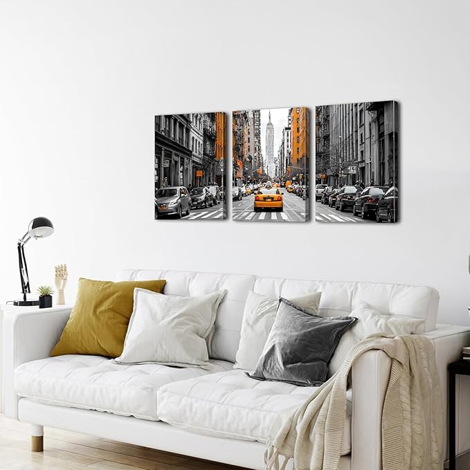 Black and White Canvas Wall Art Framed New York City Wall Decor for Living Room Orange Taxi Photo Print Nyc Urban Skyscraper Picture Car Photography Artwork Bedroom Office Home Decorations 16x24 3pcs