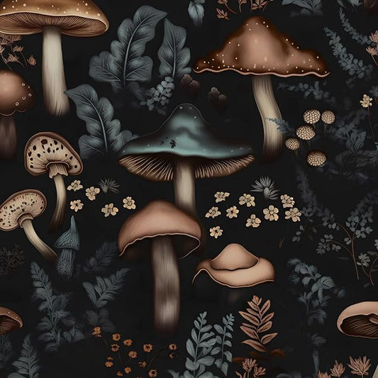 Mushroom Peel and Stick Wallpaper - Black Leaf Vintage Contact Paper Boho Dark Flower Wall Paper Removable Self Adhesive for Cabinet Drawers - 17.5''x393''