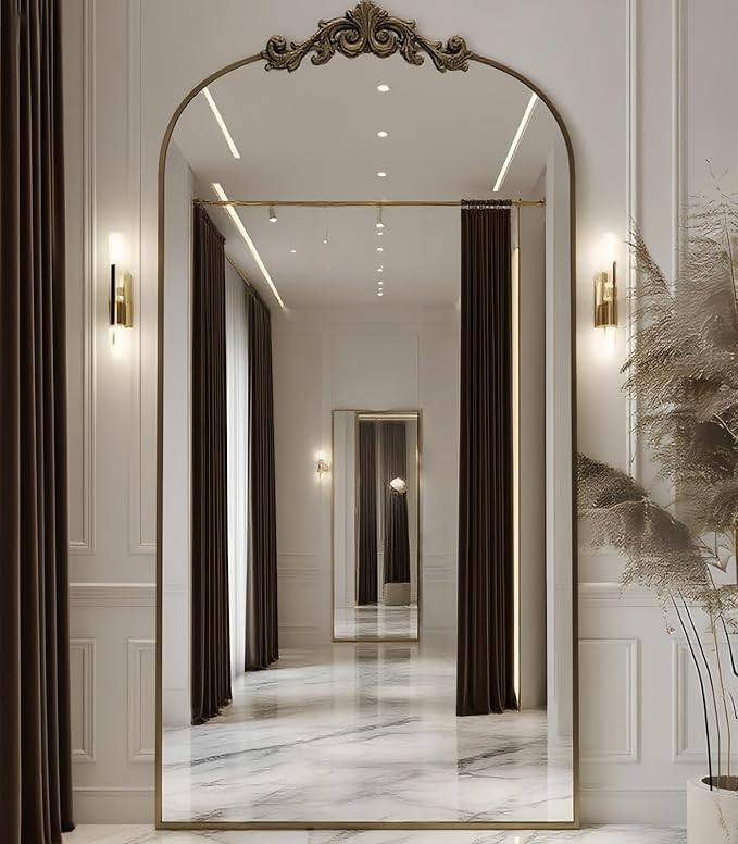 Arched Full Length Mirror, 71"x32" Full Body Mirrors with Carved, Floor Mirror for HomeDecor, Standing/Halling Large Wall Mirror for Bedroom, Living Room, Cloakroom, Bronze, Retro Style