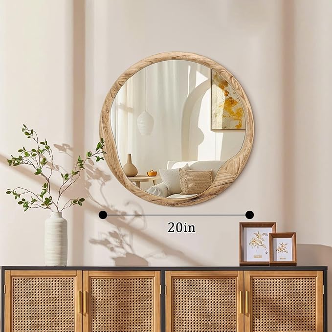 AOAOPQ Beige Wood Framed Mirror for Wall 20x20 Inch Rounded Mirror Bathroom Vanity Mirror Farmhouse HD Glass Hangs Mirrors